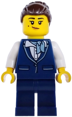 Minifig Lego City cty1984 Flight Attendant - Female, Dark Blue Vest, Dark Blue Legs, Dark Brown Hair Bun