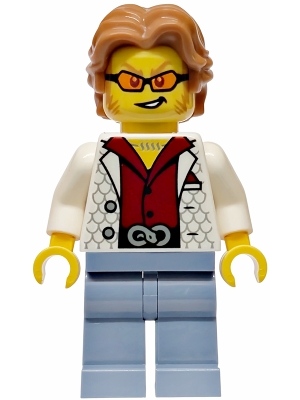 Minifig  Lego City cty1986  Police - City Bandit Crook Male, White Vest, Medium Nougat Wavy Hair, Sideburns, Orange Glasses