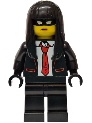 Minifig  Lego City cty1987  Police - City Bandit Crook Female, Black Tuxedo with Red Tie, Black Legs, Black Long Hair