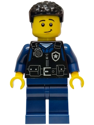 Minifig  Lego City cty1989  Police - City Officer Male, Black Safety Vest with Silver Star Badge Logo, Dark Blue Legs, Black Coiled Hair