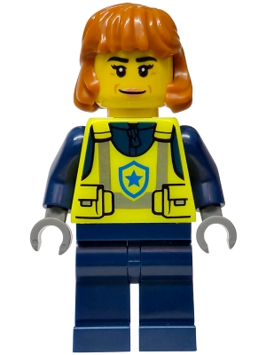 Minifig  Lego City cty1990  Police - City Officer Female, Neon Yellow Safety Vest, Dark Blue Legs, Dark Orange Mid Length Hair, Closed Mouth Smile