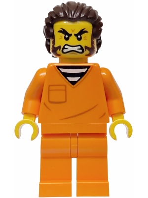 Minifig  Lego City cty1991  Police - City Jail Prisoner Male, Orange Prison Jumpsuit, Dark Brown Hair and Sideburns