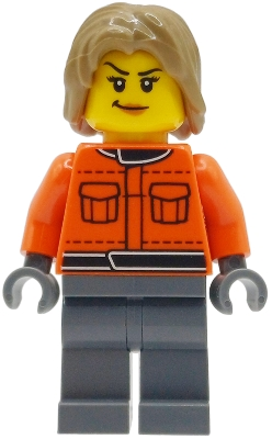 Minifig   cty2000  Formula 1 Pit Crew Member - Female, Reddish Orange Racing Suit with Pockets, Dark Bluish Gray Legs, Dark Tan Tousled Hair