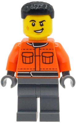 Minifig   cty2001  Formula 1 Pit Crew Member - Male, Reddish Orange Racing Suit with Pockets, Dark Bluish Gray Legs, Black Hair, Scuff Mark