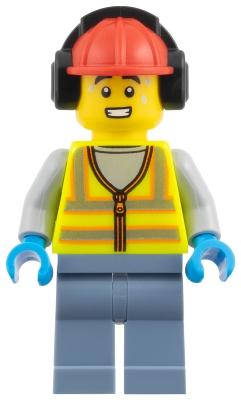 Minifig  LEGO City cty2007  Airport Worker - Male, Neon Yellow Safety Vest with Reflective Stripes, Sand Blue Legs, Red Construction Helmet with Black Ear Pr