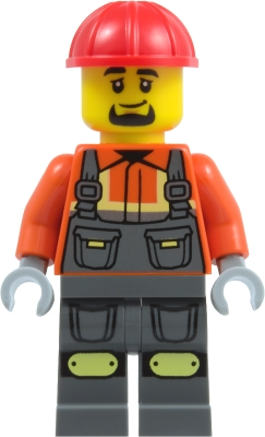 Minifig  LEGO City cty2009  Construction Worker - Male, Dark Bluish Gray Overalls over Reddish Orange Safety Jacket with Reflective Stripes, Dark Bluish Gray