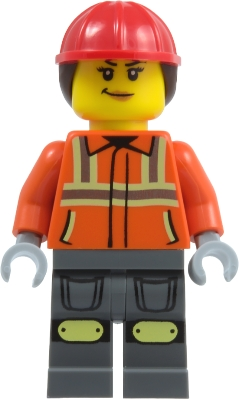 Minifig  LEGO City cty2010  Construction Worker - Female, Reddish Orange Safety Jacket with Reflective Stripes, Dark Bluish Gray Legs with Knee Pads, Red Con