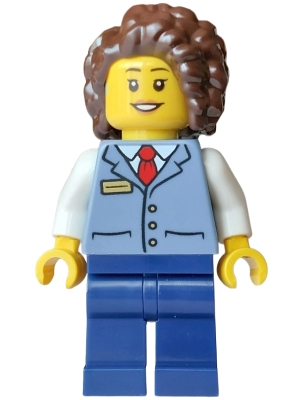 Minifig LEGO City cty2011 Streetcar Driver - Female, Sand Blue Vest over White Shirt, Dark Blue Legs, Dark Brown Hair