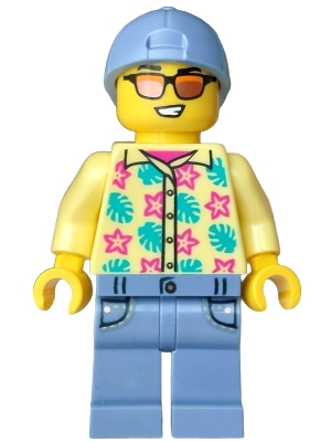 Minifig  LEGO City cty2012  Streetcar Passenger - Male, Bright Light Yellow Shirt with Flowers and Leaves, Sand Blue Legs with Pockets and Cap