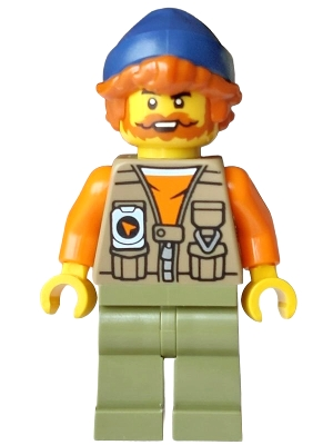 Minifig  LEGO City cty2013  Fisherman - Dark Tan Vest over Orange Shirt, Olive Green Legs, Dark Blue Beanie, Dark Orange Hair