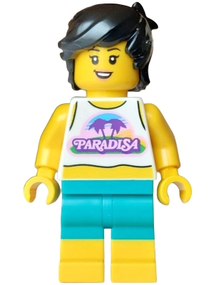 Minifig  LEGO City cty2014  Surfer - Female, White Tank Top Cropped, Dark Turquoise Shorts, Black Hair Short Tousled