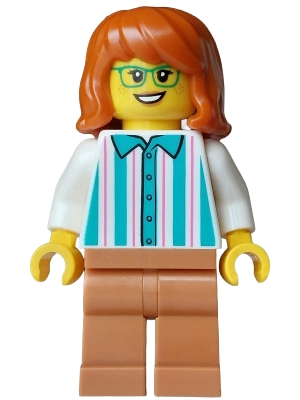 Minifig  LEGO City cty2015  Ice Cream Vendor - Female, White Shirt with Dark Turquoise Stripes, Medium Nougat Legs, Dark Orange Hair, Green Glasses