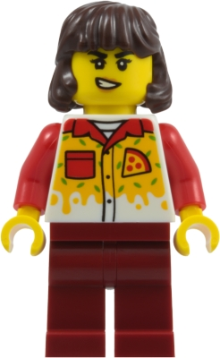 Minifig LEGO City cty2016 Pizza Delivery Driver - Female, Dark Red Legs, Dark Brown Hair Mid-Length