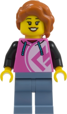 Minifig LEGO City cty2019 Pizza Restaurant Patron - Female, Dark Pink Hoodie, Sand Blue Legs, Dark Orange Hair
