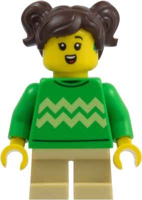 Minifig LEGO City cty2020 Child - Girl, Bright Green Sweater with Bright Light Yellow Zigzag Lines, Hearing Aid, Tan Short Legs, Dark Brown Hair with Pigta