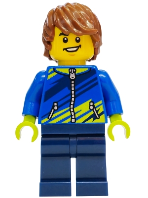 Minifig LEGO City cty2021 Mountain Bike Cyclist - Male, Blue Jacket with Dark Blue and Lime Diagonal Stripes, Dark Blue Legs, Reddish Brown Hair