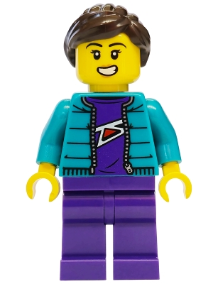 Minifig LEGO City cty2022 Mountain Bike Cyclist - Female, Dark Turquoise Jacket, Dark Purple Legs, Dark Brown Ponytail