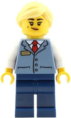 Minifig LEGO City cty2023 Station Master - Female, Sand Blue Vest over White Shirt, Dark Blue Legs, Bright Light Yellow Ponytail