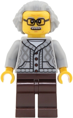Minifig LEGO City cty2024 Passenger - Male, Light Bluish Gray Knit Cable Cardigan Sweater, Dark Brown Legs, Light Bluish Gray Hair Swept Back