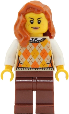 Minifig LEGO City cty2025 Passenger - Female, Tan Knit Argyle Sweater Vest, Reddish Brown Legs, Dark Orange Hair