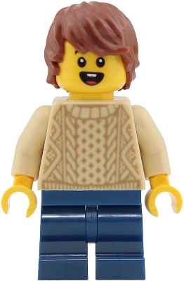 Minifig LEGO City cty2026 Passenger - Boy, Tan Knit Cable Sweater, Dark Blue Medium Legs, Reddish Brown Tousled Hair