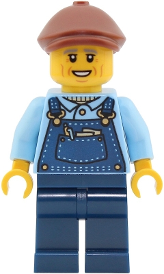 Minifig LEGO City cty2027 Train Driver - Male, Bright Light Blue Shirt, Dark Blue Overalls and Legs, Reddish Brown Flat Cap