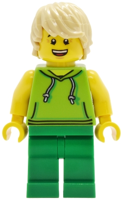 Minifig LEGO City cty2028 Lava Land Patron - Male, Lime Sleeveless Hoodie, Green Legs, Tan Hair