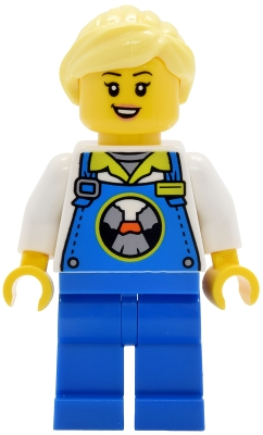 Minifig LEGO City cty2029 Lava Land Worker - Female, Blue Overalls and Legs, Bright Light Yellow Hair