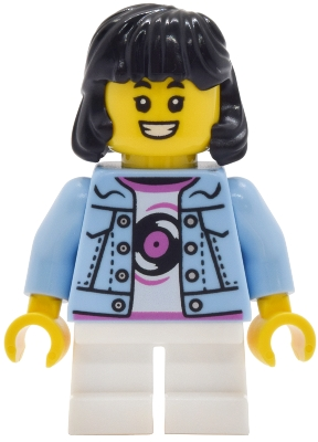 Minifig LEGO City cty2031 Lava Land Patron - Child, Girl, Bright Light Blue Denim Jacket over Shirt with Record, White Short Legs, Black Hair