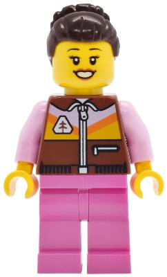Minifig LEGO City cty2032 Lava Land Patron - Female, Reddish Brown Jacket, Dark Pink Legs, Dark Brown Hair