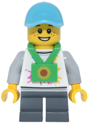 Minifig LEGO City cty2033 Lava Land Patron - Child, Male, White Shirt with Mountains Logo, Dark Bluish Gray Short Legs, Lanyard, Medium Azure Cap