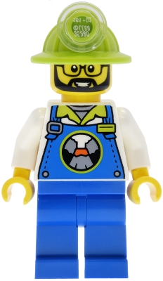 Minifig LEGO City cty2034 Lava Land Worker - Male, Blue Overalls and Legs, Lime Mining Helmet