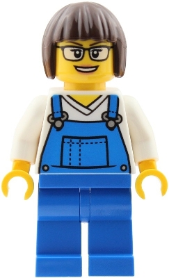 Minifig  LEGO City cty2039  Truck Driver - Female, Blue Overalls over V-Neck Shirt, Blue Legs, Dark Brown Bob Cut Hair, Glasses