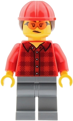 Minifig  LEGO City cty2040  Mobile Crane Operator - Female, Red Plaid Flannel Shirt, Dark Bluish Gray Legs, Red Construction Helmet with Dark Brown Ponytail 