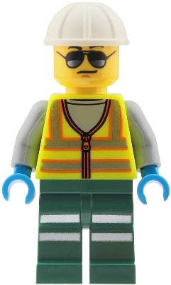 Minifig  LEGO City cty2041  Train Worker - Male, Neon Yellow Safety Vest with Reflective Stripes, Dark Green Legs with Reflective Stripes, White Construction