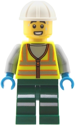 Minifig  LEGO City cty2042  Train Worker - Male, Neon Yellow Safety Vest with Reflective Stripes, Dark Green Legs with Reflective Stripes, White Construction