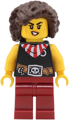 Minifig  LEGO Creator pi200  Pirate - Female, Black Top with Red and White Striped Bandana, Dark Red Legs, Dark Brown Hair