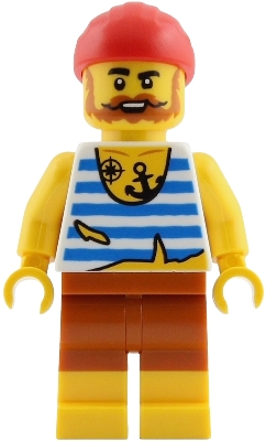 Minifig  LEGO Creator pi201  Pirate - Male, White Shirt with Tattered Hem and Blue Stripes, Dark Orange Shorts, Full Beard, Red Bandana