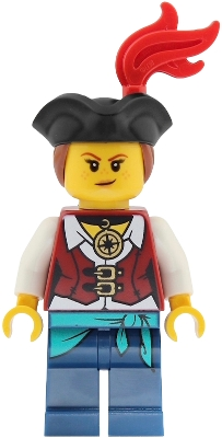 Minifig  LEGO Creator pi202  Pirate - Female, Dark Red Vest over White Shirt, Dark Blue Legs with Sash, Red Plume, Black Tricorne, Reddish Brown Hair