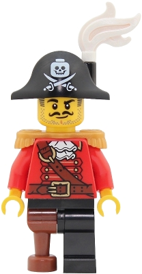 Minifig  LEGO Creator pi203  Pirate Captain - Male, Pearl Gold Epaulettes, Red Coat with White Ruffled Collar, Black Leg and Reddish Brown Peg Leg, White Plum