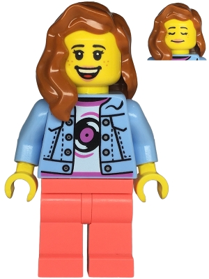 Lego Creator twn476 Record Store Clerk - Female, Bright Light Blue Denim Jacket over Shirt with Record, Coral Legs, Dark Orange Hair, Freckles