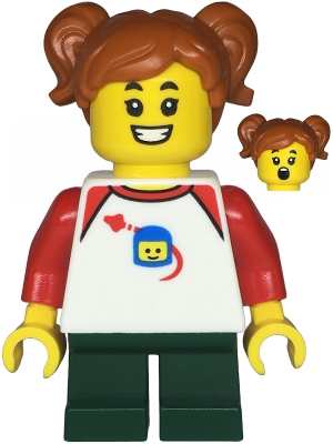 Lego Creator twn480 Child - Girl, White Classic Space Shirt with Red Sleeves, Dark Green Short Legs, Dark Orange Pigtails