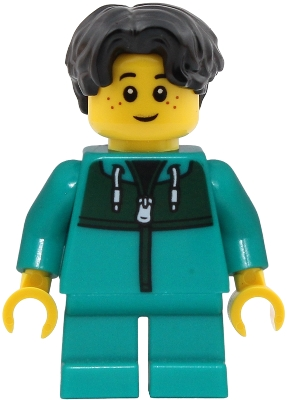 Minifig LEGO Creator twn551 Child - Boy, Dark Turquoise Jacket with Dark Green Panel, Dark Turquoise Short Legs, Black Hair Wavy