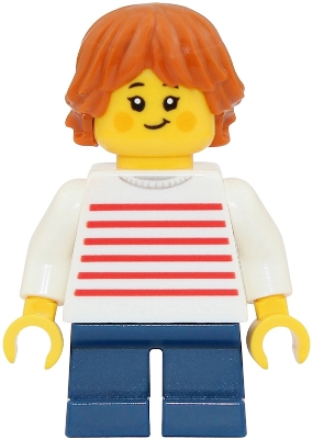 Minifig LEGO Creator twn552 Child - Girl, White Sweater with Red Horizontal Stripes, Dark Blue Short Legs, Dark Orange Tousled and Layered Hair