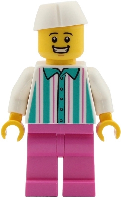 Minifig LEGO Creator twn553 Food Vendor - Male, White Shirt with Dark Turquoise Stripes, Dark Pink Legs, White Butcher / Food Service Cap