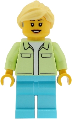 Minifig LEGO Creator twn554 Ferris Wheel Operator - Female, Yellowish Green Jacket over White Shirt, Medium Azure Legs, Bright Light Yellow Hair Ponytail, He