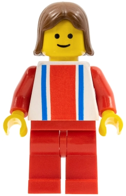 Lego City ver016 Vertical Lines Red & Blue - Red Arms - Red Legs, Brown Female Hair