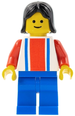 Lego City ver017 Vertical Lines Red & Blue - Red Arms - Blue Legs, Black Female Hair