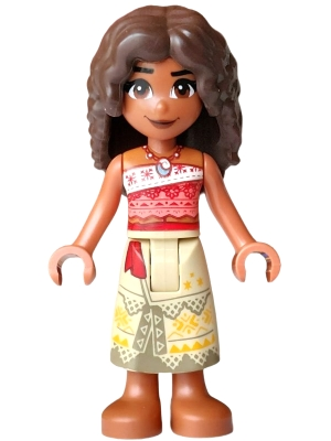 Minifig LEGO Disney moa011 Moana (Sienna) - Mini Doll, Coral and White Strapless Top, Tan Long Skirt with Dark Tan Hems, Dark Brown Hair Long Full Curly