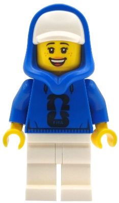Minifig   edi001  Soccer Spectator - Female, Blue Hoodie with Black FIFA World Cup 2026 Logo, White Cap